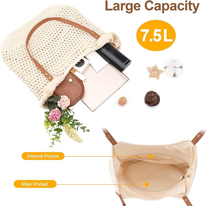 Peicees Crochet Beach Bag For Women Summer Tote Bag Boho Shoulder Bag - Image 2