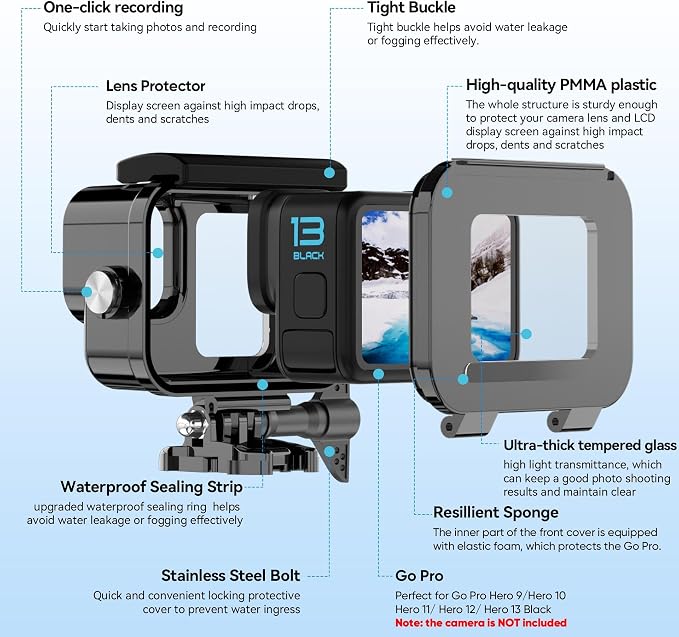 Compatible for Go Pro Hero 13 12 11 10 9 Black Waterproof Housing Case - Image 3