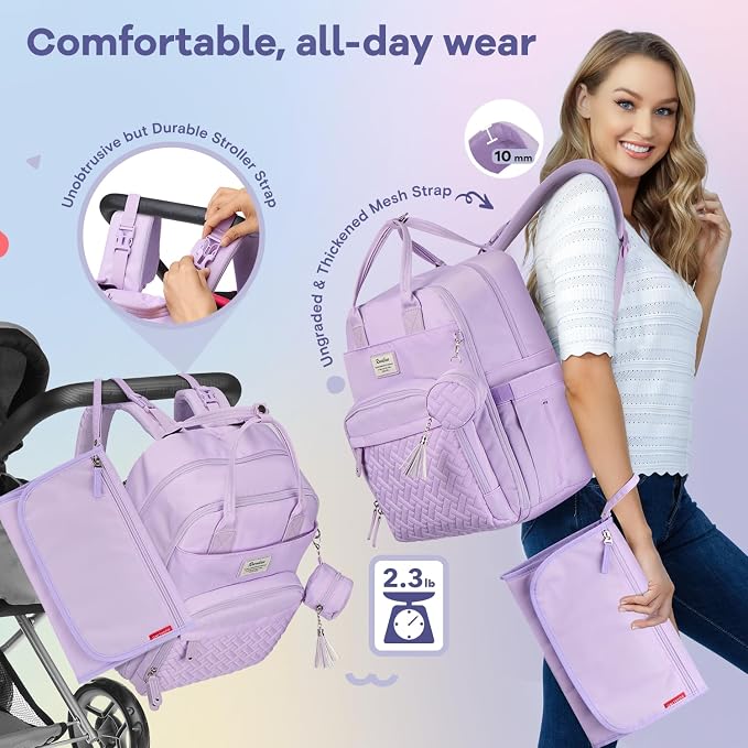 RUVALINO Diaper Bag Backpack, Large Capacity, Waterproof, Light Purple - Image 5