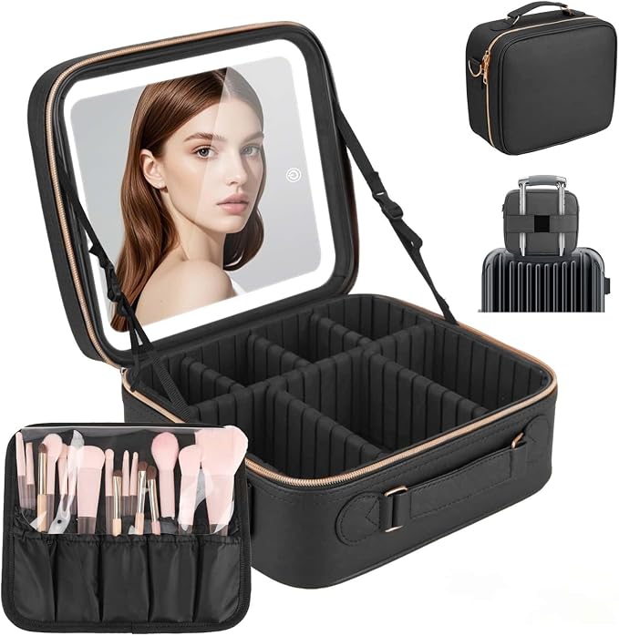 Travel Makeup Bag with LED Mirror, Cosmetic Bags by Emdelifo