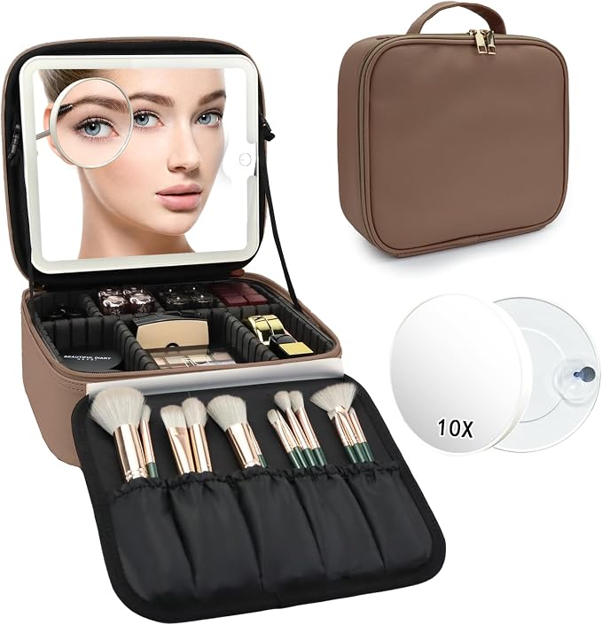 Travel Makeup Bag with LED Mirror and 10x magnifying glass with 3 Lighted - Image 9