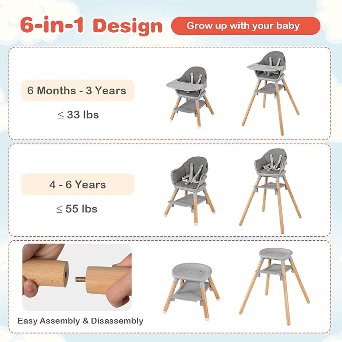 HONEY JOY Baby High Chair, 6 in 1 Convertible Wooden Highchair - Image 3