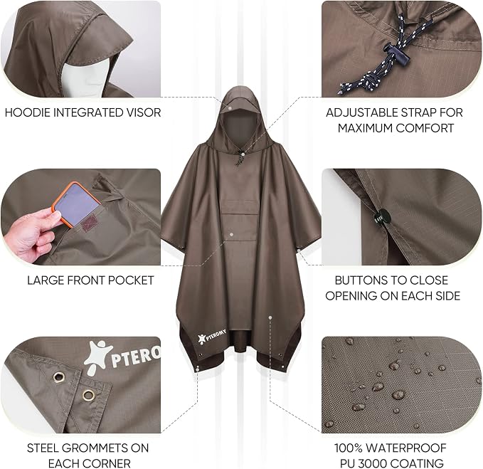 PTEROMY Hooded Rain Poncho for Adult - Image 6
