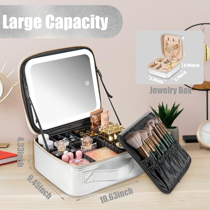 Makeup Travel Train Case with Mirror LED Light 3 Adjustable Brightness Large - Image 5