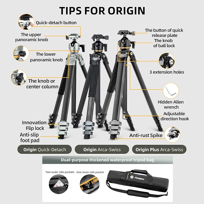 Fotopro Compact Carbon Fiber Travel Tripod, 60 inches Professional Heavy Duty - Image 5