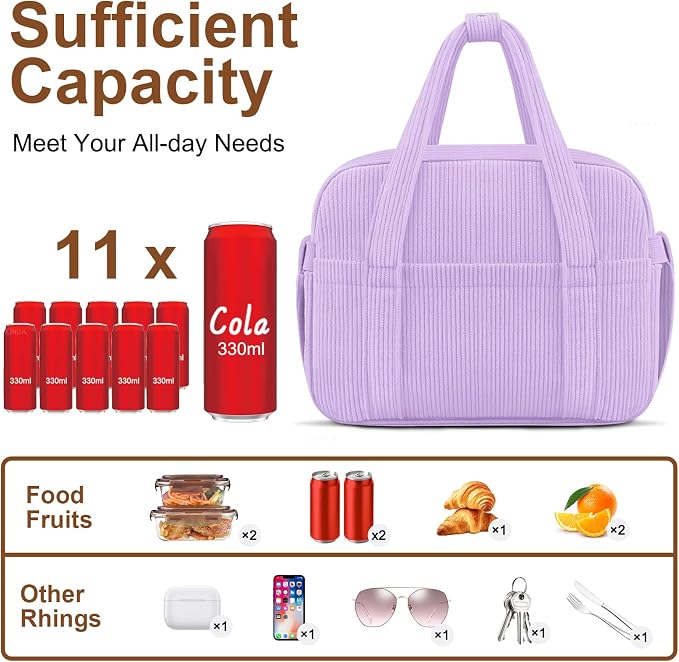 Corduroy Lunch Box Lunch Bag for Women Men, Cute Strawberry Small Insulated - Image 2