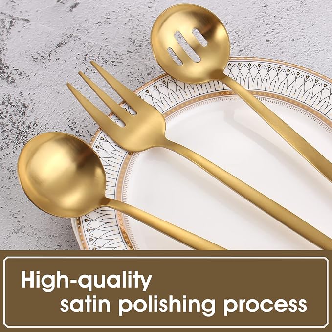 Matte Gold Serving Silverware Set, 5-Piece Round Shared Utensils Set of - Image 4