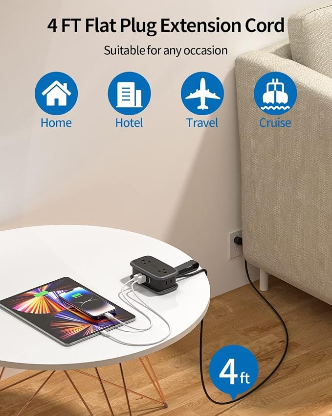 Travel Power Strip with USB Ports, NTONPOWER 4ft Flat Plug Wrapped Around Short - Image 4
