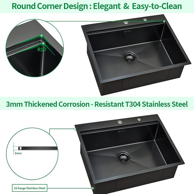 25 Kitchen Sink Drop-In Workstation, 25 x 22 Inch Gunmetal Black Stainless - Image 5