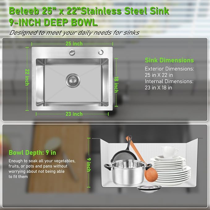 Drop In Kitchen Sink 25x22", 18 Gauge Stainless Steel Sink, 3D Embossed Surface - Image 5