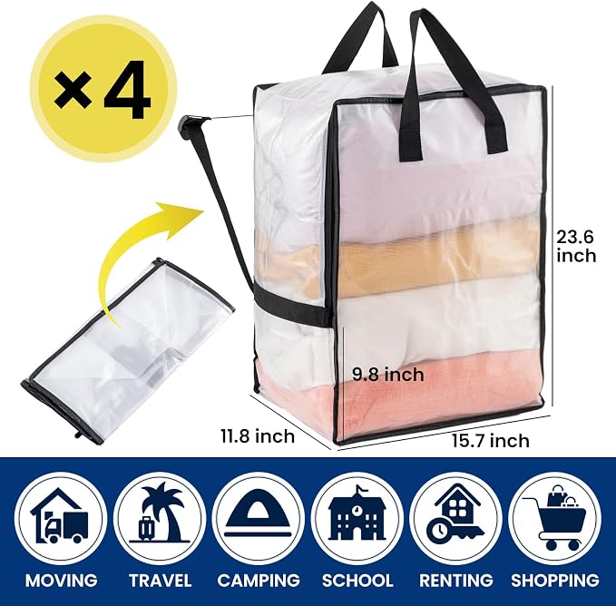 TAILI 4 Pack Clear Moving Bags w/Adjustable Backpack Straps, Moving Supplies - Image 4