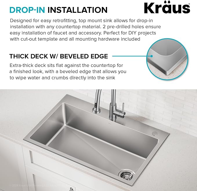 KRAUS Fairlane 33-inch Drop In/Top Mount Single Bowl 18-Gauge Stainless Steel - Image 8