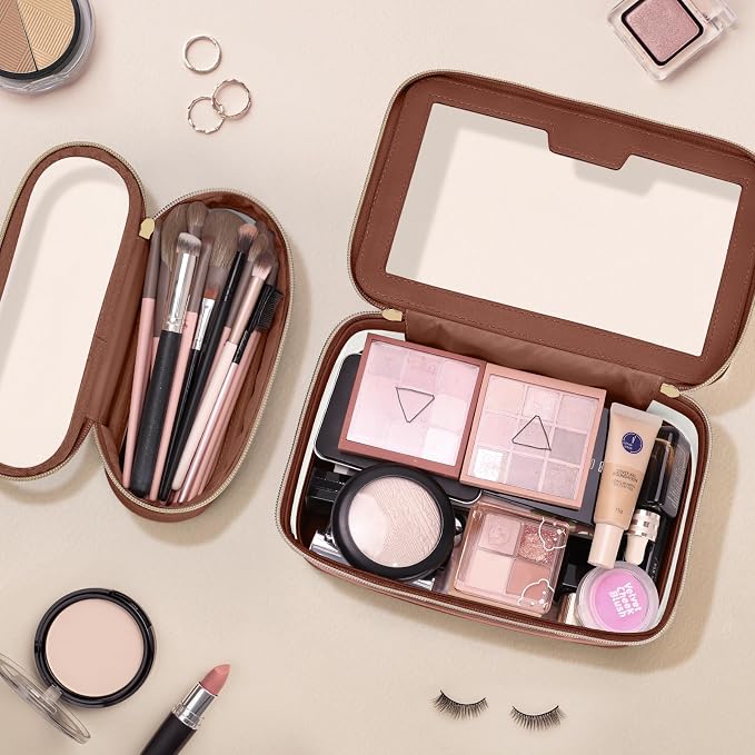 Travel Clear Makeup Bag with Makeup Brush Bag, Leather Makeup Case Toiletry Bag - Image 2