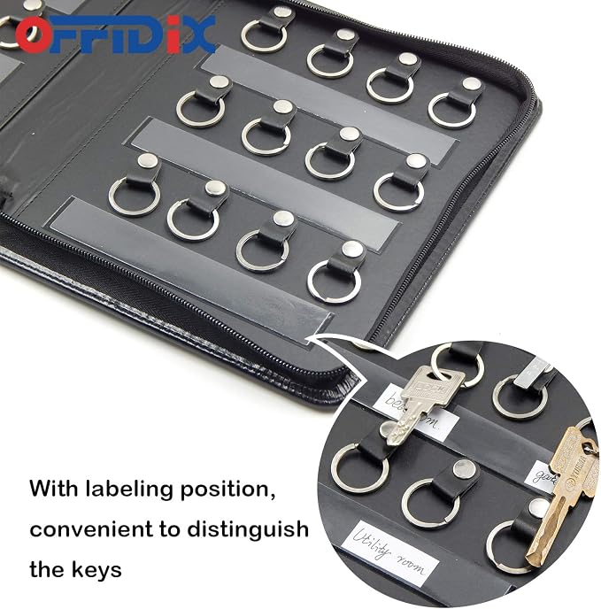 OFFIDIX Portable Zippered Key Case, Leather Portable Key Cabinet 24 Key Hooks - Image 6