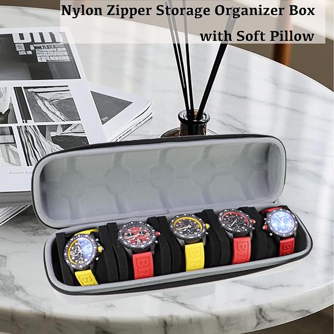 Juntan 5 Slots Hard Watch Travel Case, Portable Nylon Travel Watch Roll Case - Image 2