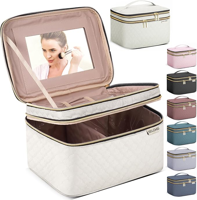 Large Makeup Bag with Mirror Double Layer Travel Make Up Organizer Case by HXLGMD