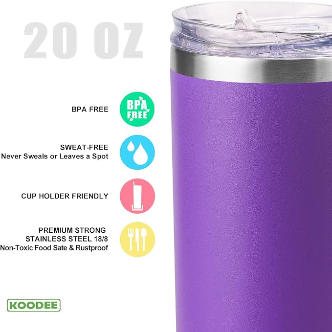 koodee Tumbler with Lid and Straw-20 oz Stainless Steel Vacuum Insulated Coffee - Image 2