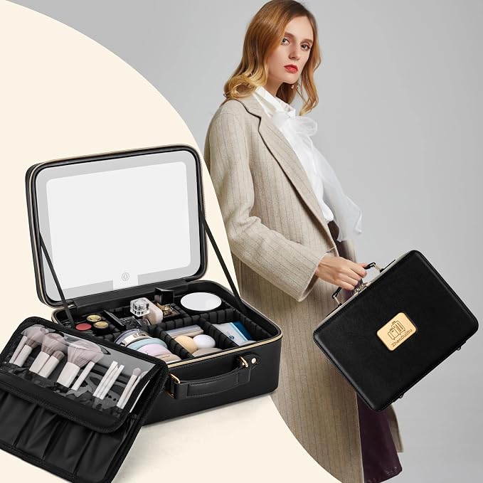 Makeup Bag with LED Mirror & Magnifier, Large Cosmetic Organizer Travel Makeup - Image 2