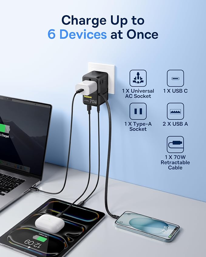 Baseus 70W Universal Travel Adapter and Baseus 60W Retractable USB C Cable - Image 4
