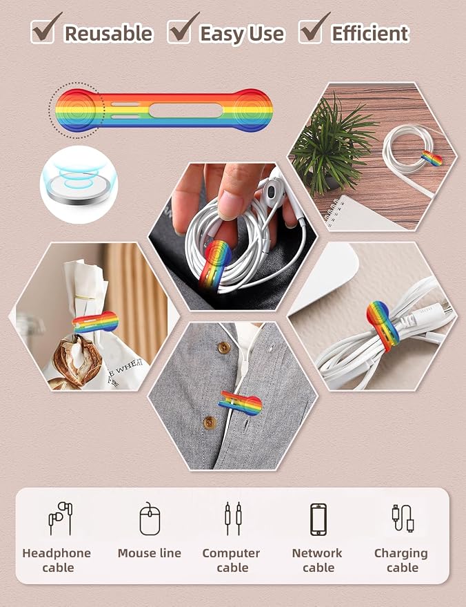Kanemc 8 Pack Magnet Clips Cord Organizer, Rainbow Colored Reusable Cable Ties - Image 3