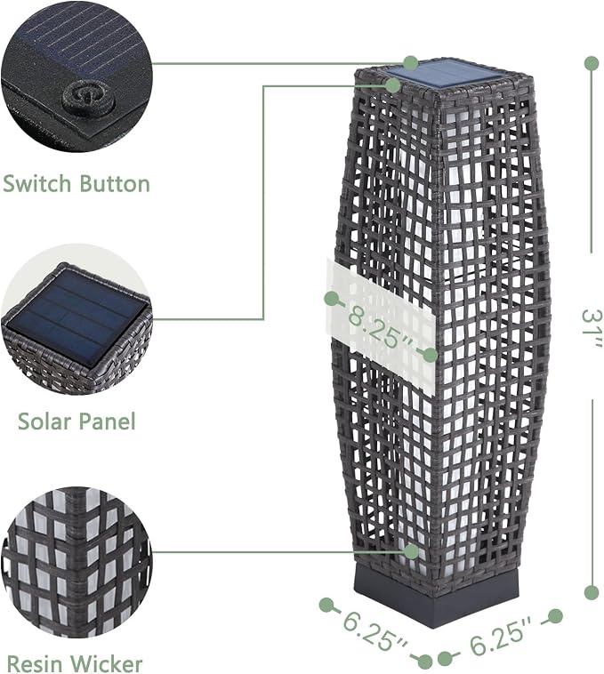 Grand patio Outdoor Floor Lamp Solar Powered Lantern Water-Resistant Wicker - Image 10