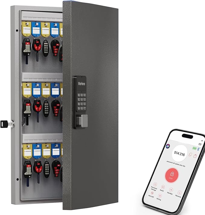 WeHere 48 Key Lock Box Wall Mount, APP Bluetooth/OTP/Wi-Fi/Fixed Code/Key Unlock by WeHereSmartBoxLock