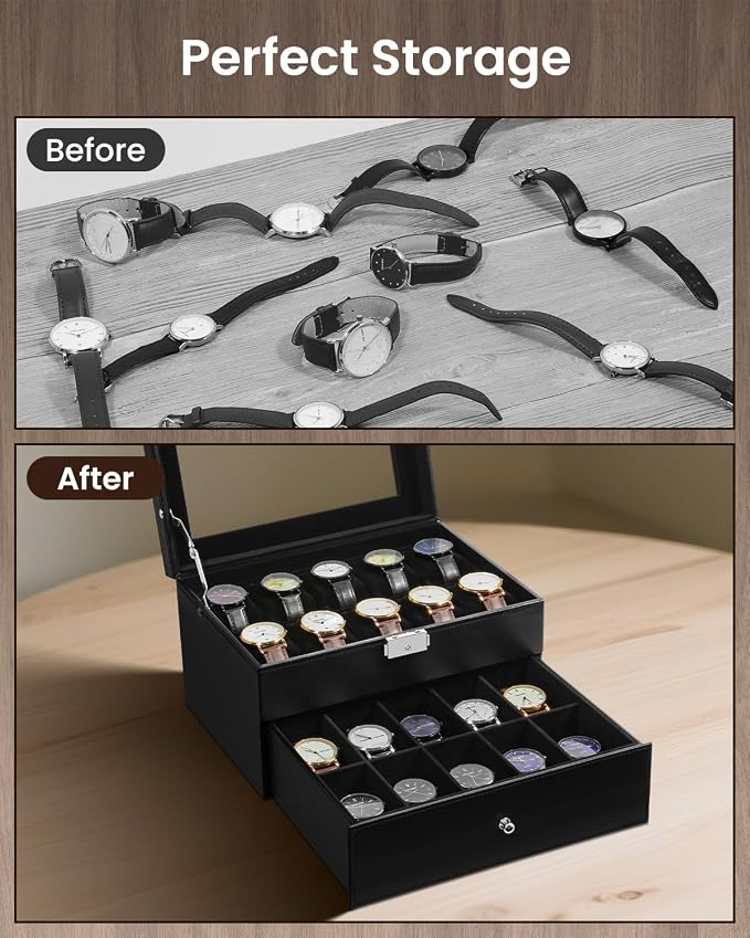 Uten 20-Slot Watch Box, 2-Layers PU Leather Watch Case - Image 7