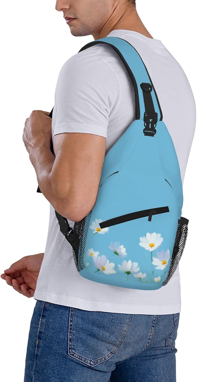 Sling Bag White Flower Blue Summer Hiking Daypack Crossbody Shoulder Backpack - Image 8