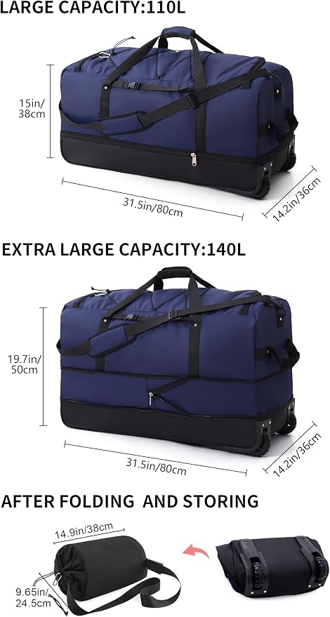 CONTAIL 32”110L Expandable 140L Rolling Duffle Bag - Image 3