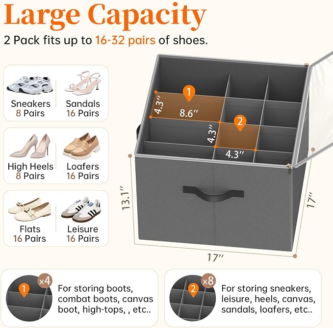 Shoe Organizer for Closet, 2 Pack Foldable Shoe Storage Containers, Fits up - Image 2