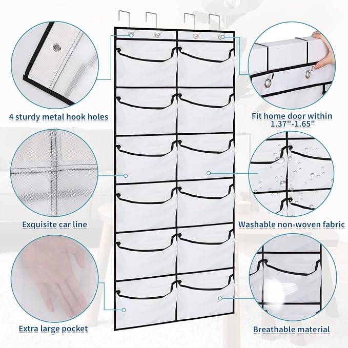 2 Packs Over the Door Shoe Organizer, 24 Extra Large Mesh Pockets Hanging Shoe - Image 3