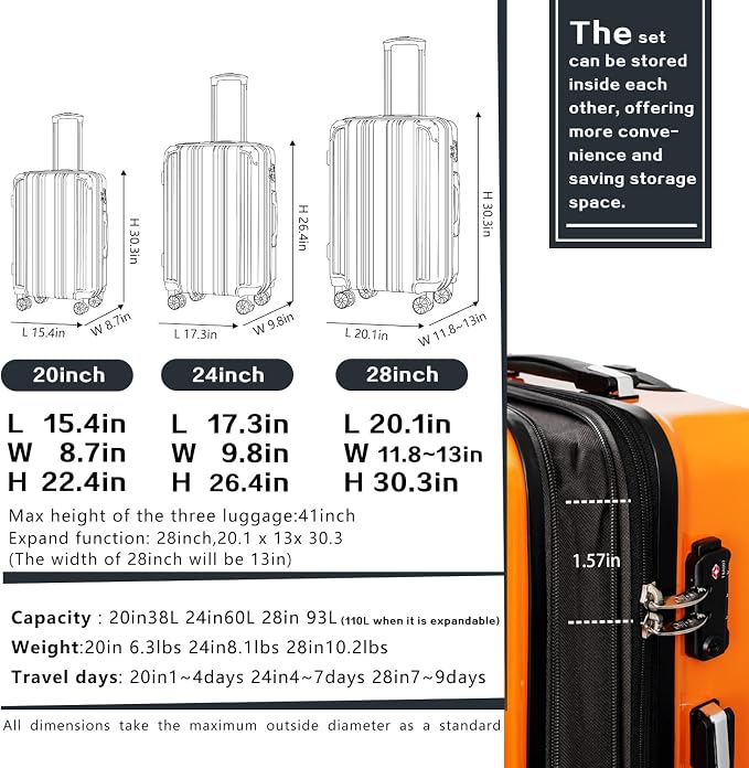 Coolife Luggage Expandable Suitcase PC+ABS Spinner 20in 24in 28in Carry on) - Image 7