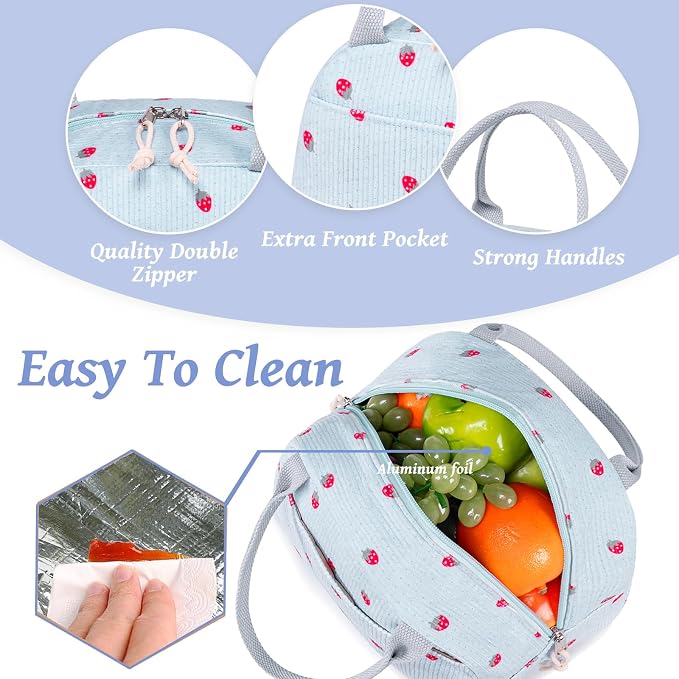 Bluboon Lunch Bag for Women Men Cute Corduroy Lunch Tote Bags Reusable - Image 3