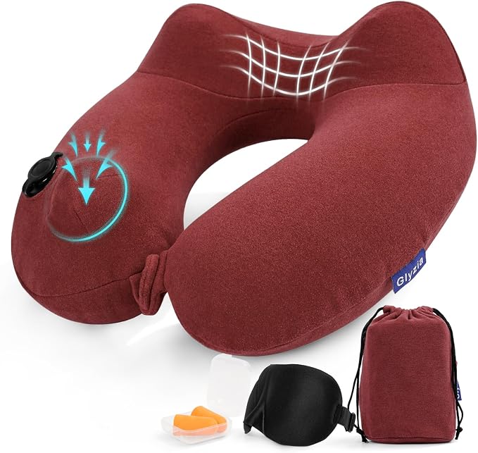 Inflatable Travel Neck Pillow for Airplane, Head Support Velvet Adult Neck by Glyzia