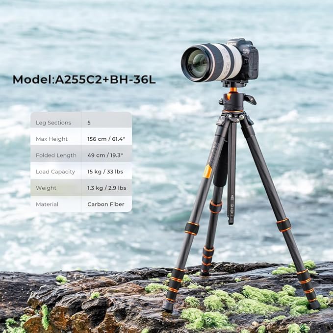 K&F Concept 62" Carbon Fiber Camera Tripod, Portable Compact Tripods - Image 2