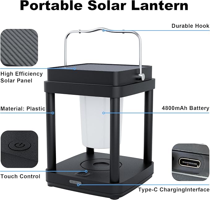 Solar Lantern Outdoor Table Lamp, Touch Control Outdoor Cordless Lantern - Image 4