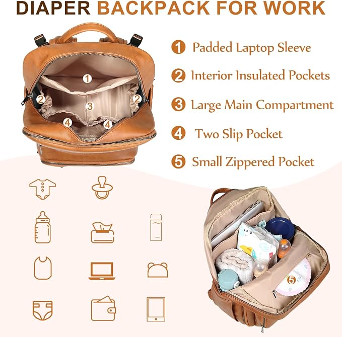 VASCHY Diaper Bag Backpack for Mum Dad, Unisex Large Waterproof Vegan Leather - Image 5