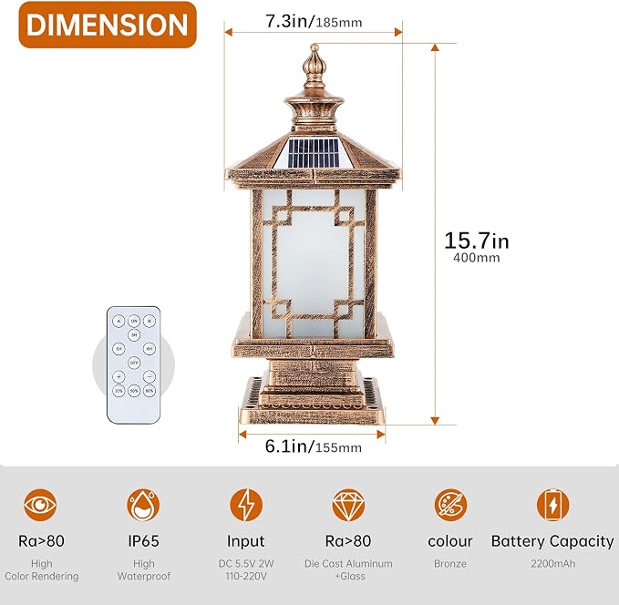 LED Solar Post Light Outdoor, Aluminum Fence Post Cap Lamp Remote Control - Image 5