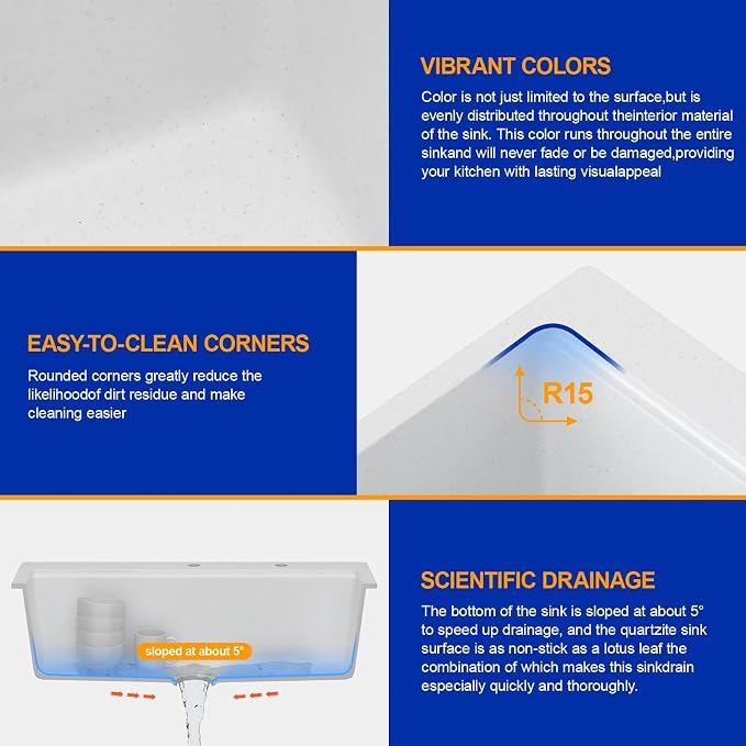 Dcolora White Granite Composite Kitchen Sink Drop In, 33x22 Large Single Bowl - Image 4