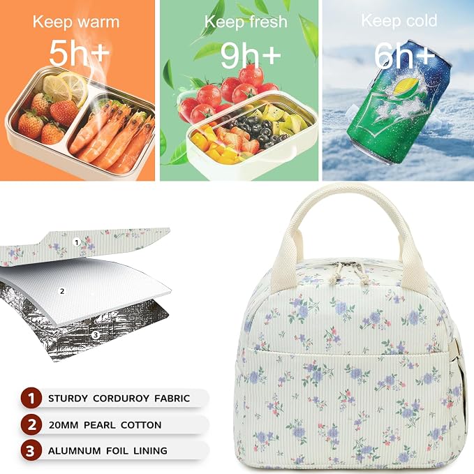 Bluboon Lunch Bag for Women Men Cute Corduroy Lunch Tote Bags Reusable - Image 2