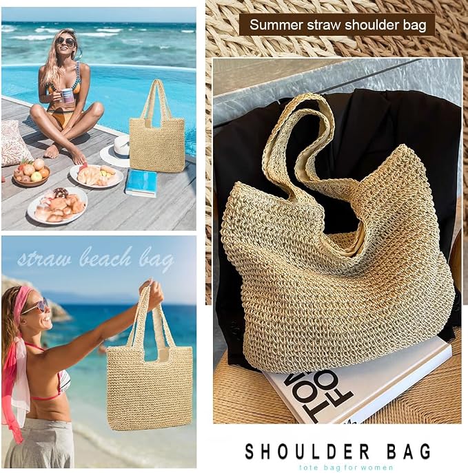 Straw Beach Bags for Women Woven Beach Tote Bag Casual Boho Large Shoulder - Image 5