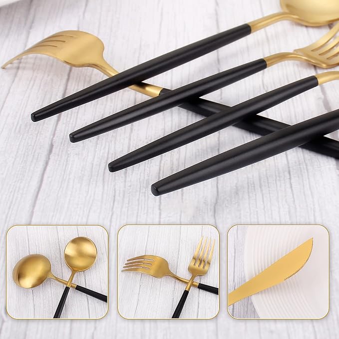 Matte Gold Silverware Set With Black Handle, IBIILII JEFF 40 Pieces Stainless - Image 4