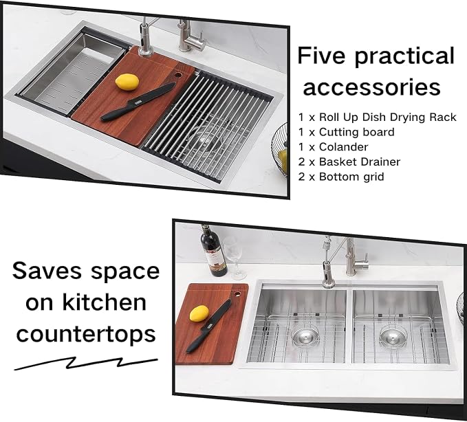 COMLLEN 33 Inch Double Bowl Undermount Kitchen Sink, 33x19 Inch Workstation 16 - Image 5