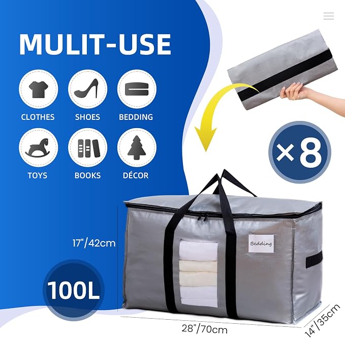 TAILI Extra Large Moving Bags, 8 Pack Silver Heavy Duty Totes - Image 2