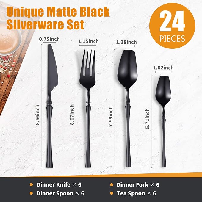 24-Piece Black Silverware Set for 6, Modern 18/10 Stainless Steel Flatware Set - Image 2