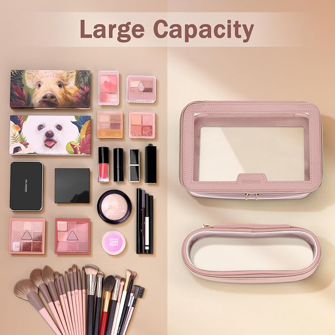 Travel Clear Makeup Bag with Makeup Brush Bag, Leather Makeup Case Toiletry Bag - Image 3