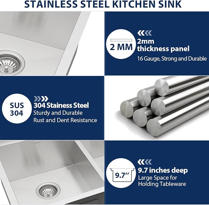 Lordear 36 Inch Undermount Kitchen Sink Double Bowl Stainless Steel Kitchen - Image 6