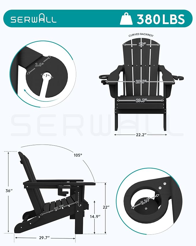 SERWALL Folding Adirondack Chair, Dual Cup Holders & All-Weather HDPE, - Image 3