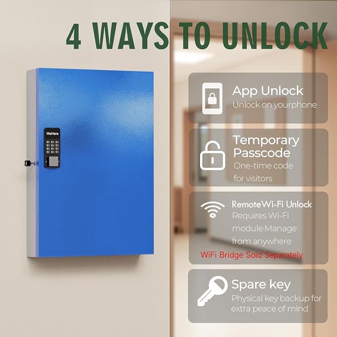 WeHere 192 Key Lock Box Wall Mount, APP Bluetooth/Wi-Fi, OTP/Fixed Code - Image 4