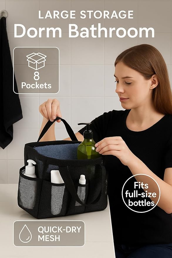 F-color Mesh Shower Caddy Portable, Upgrade Deeper 7 Pockets Shower Bag Basket - Image 2
